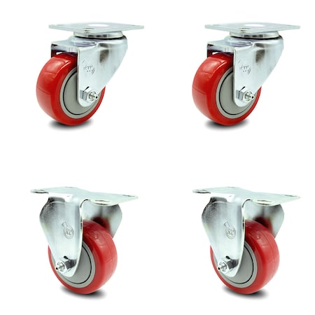 3.5 Inch Red Polyurethane Wheel Swivel Top Plate Caster Set With 2 Rigid SCC